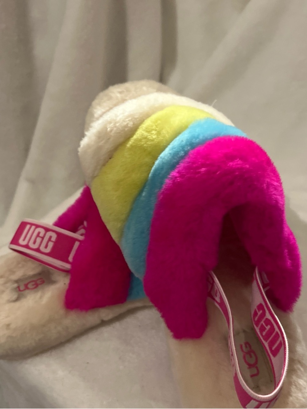 UGG Rainbow Plush Slide with Pink Logo Strap